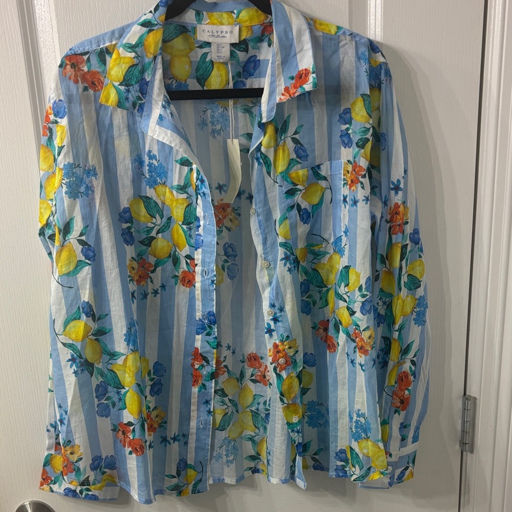 Calypso st barth new cotton summer shirt lemons floral italia new size large
